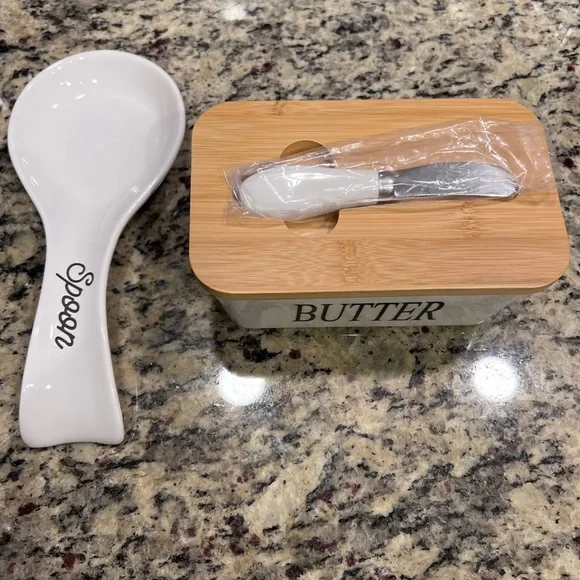 Farmhouse White and Black Butter Dish Set with Spoon and Spreader - Picture 2 of 6